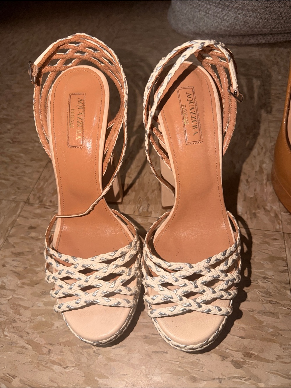 Aquazzura Cream Braided Strap High Heel Sandals